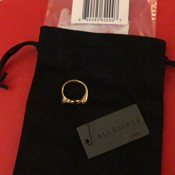 All Saints Polished Gold Tone Love Script Ring Size 8 NWT & Dust Bag - Picture 12 of 16